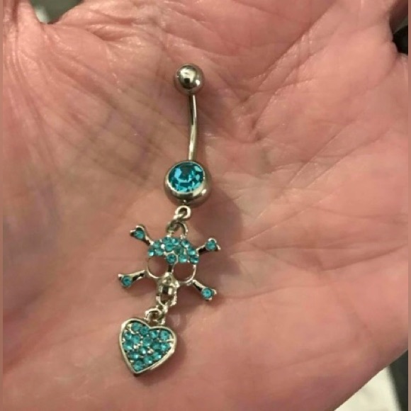14g Skull & Crossbones Belly Ring with Blue CZ- Surgical Stainless Steel NWT - Picture 10 of 13